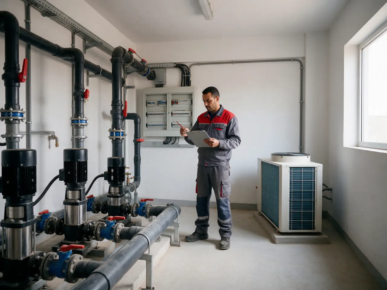 Technicien contrôlant un local technique : pompes, tableau électrique et climatisation