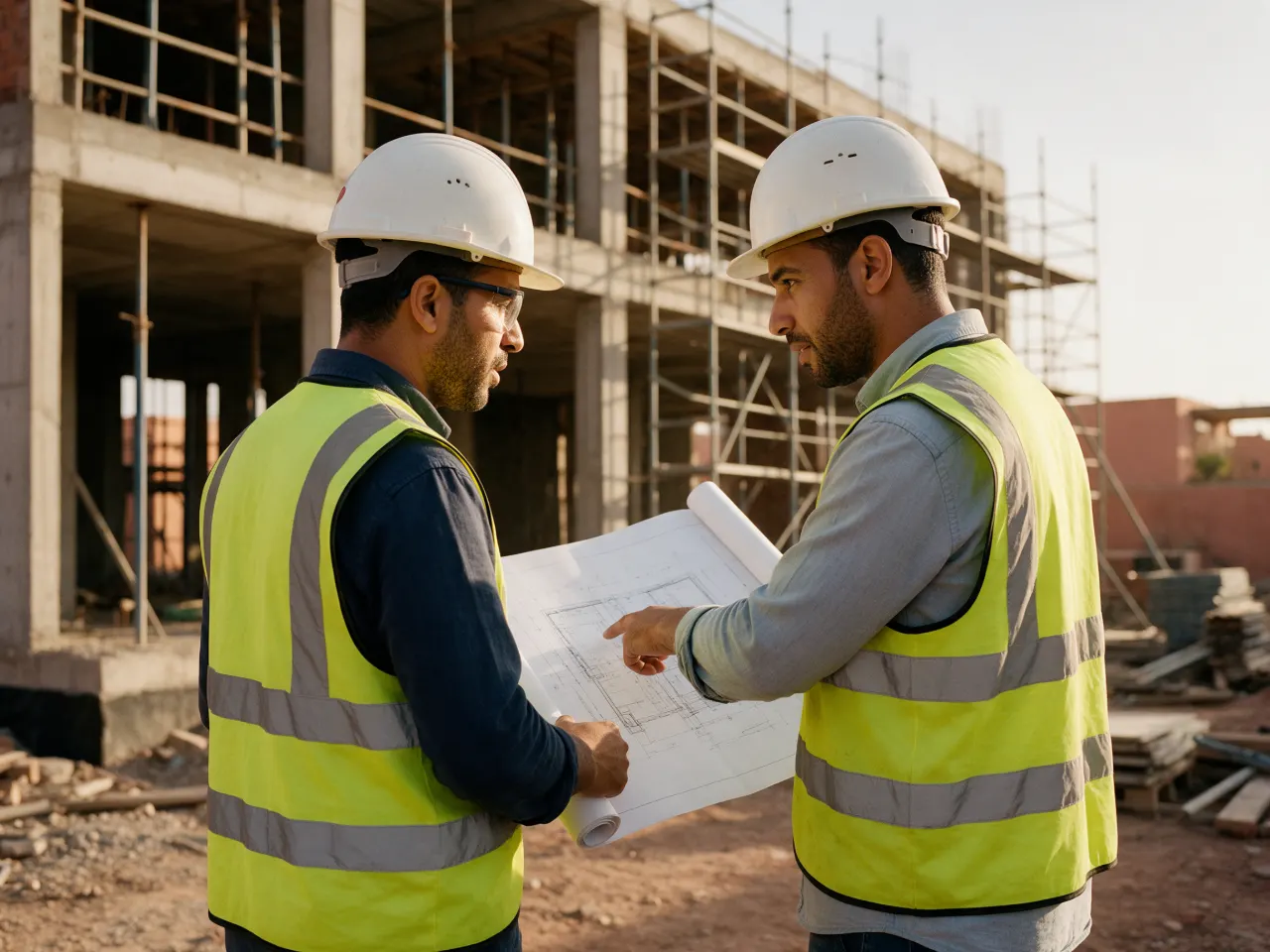 Ingénieurs échangeant sur les plans d'un chantier à Marrakech