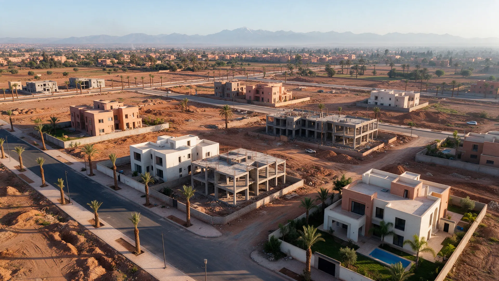 Vue aérienne d'un quartier résidentiel en construction à Marrakech