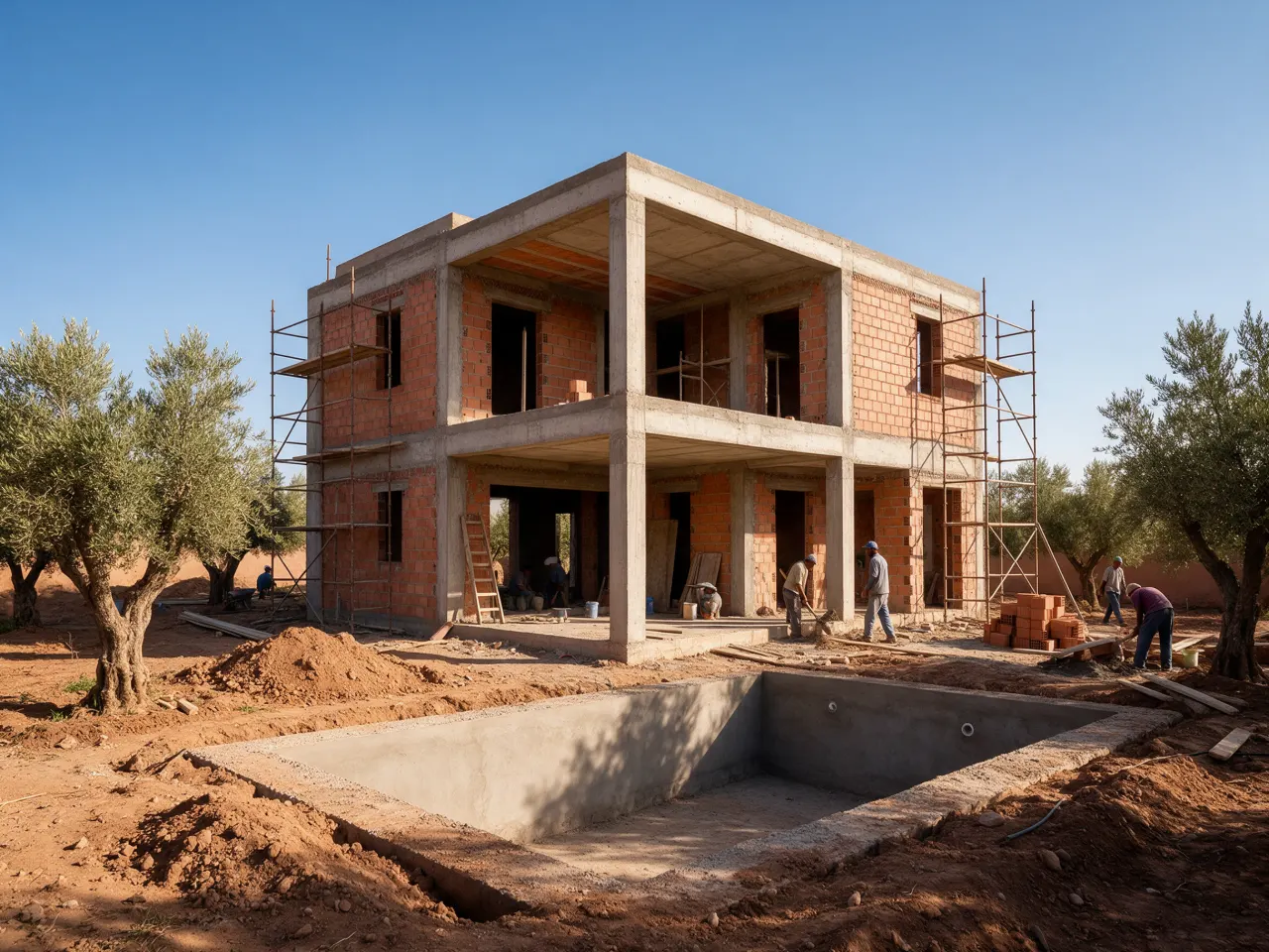 Villa en construction près de Marrakech avec piscine en cours de réalisation